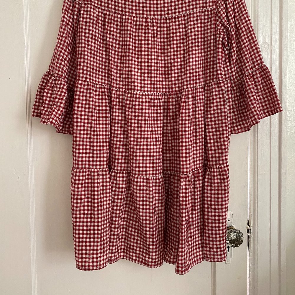 Zara Red White Gingham Tiered Smock Dress, Small - Picture 6 of 6